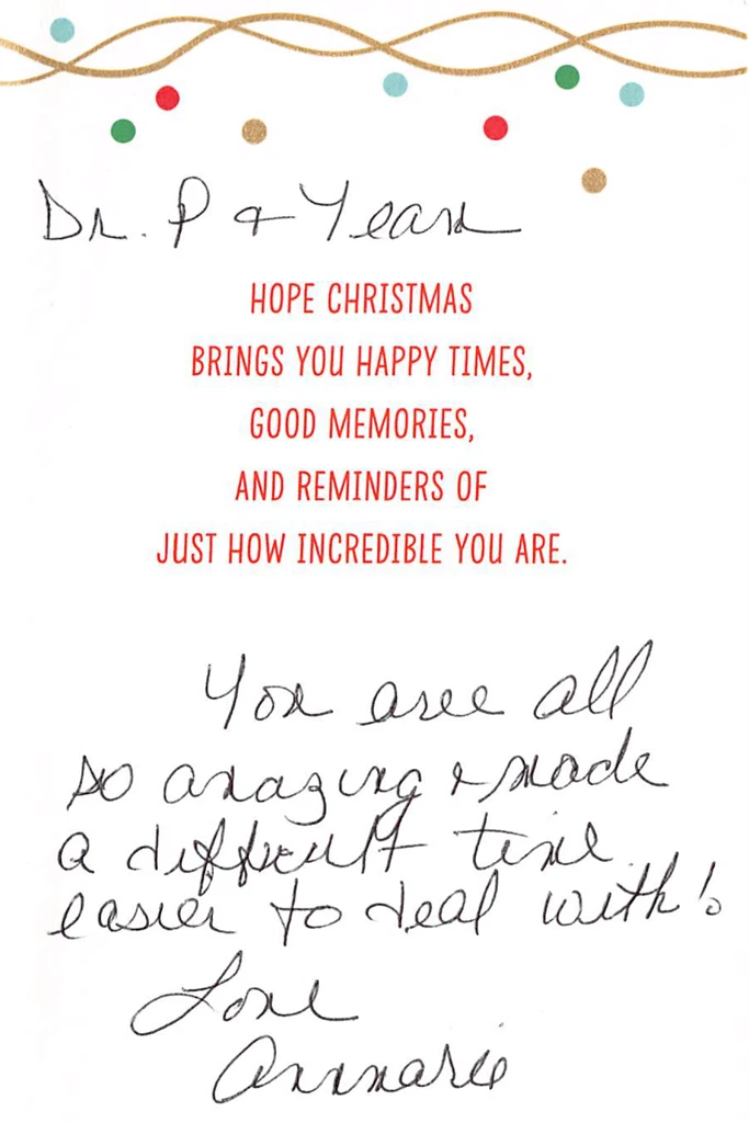 Christmas card containing the patient's hand-written testimonial